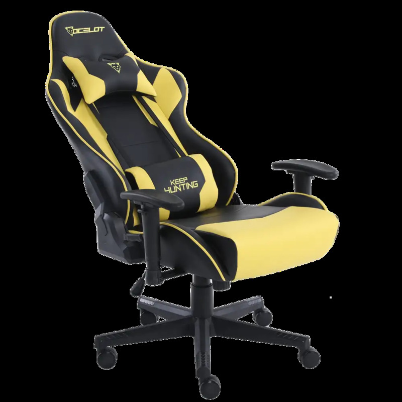 SILLA GAMER OCELOT / COLOR AMARILLA CON NEGRO / BASE AJUSTABLE Y DE PLASTICO / DESCANSA BRAZOS AJUSTABLES / ANGULO DE INCLINACION 155 GRADOS / SOPORTA HASTA 150KG / COJIN PARA LUMBAR Y CERVICAL OGS-02