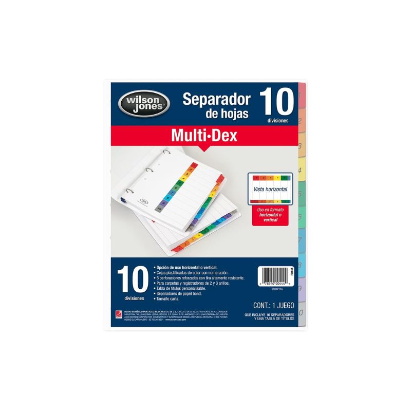SEPARADOR WILSON JONES P0444 MULTIDEX COMPLETE  CON 10 DIVISIONES DE COLORES P0444