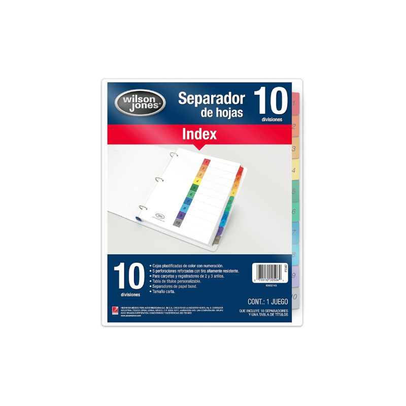 SEPARADORES WILSON JONES P1347 10 DIVISIONES LENGUETAS PLASTIFICADAS A COLOR TABLA DE CONTENIDOS PERSONALIZABLE P1347