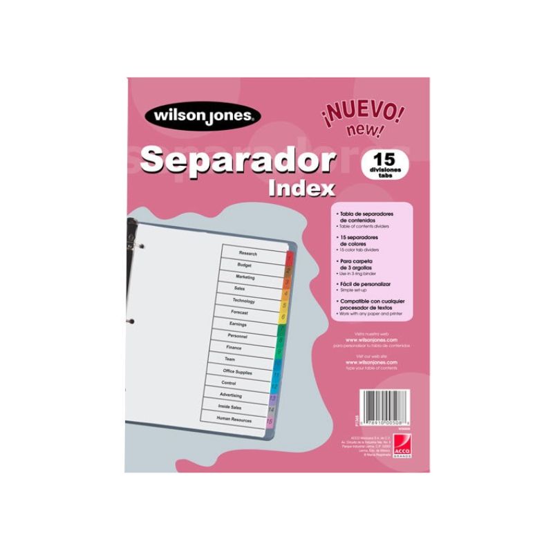 SEPARADORES WILSON JONES P1365, 15 DIVISIONES LENGUETAS PLASTIFICADAS A COLOR TABLA DE CONTENIDOS. PERSONALIZABLE    P1365
