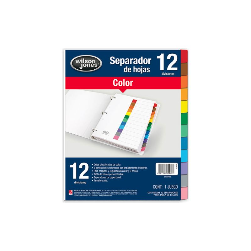 SEPARADORES WILSON JONES JUEGO DE 12 SEPARADORES INDEX T/ CARTA, SIN NUMERACION   7501357024587