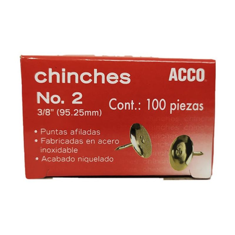 CHINCHETAS ACCO MOD P2629 NO 2 ACERO ACABADO NIQUELADO CAJA CON 100 UNIDADES ANTIOXIDANTES P2629