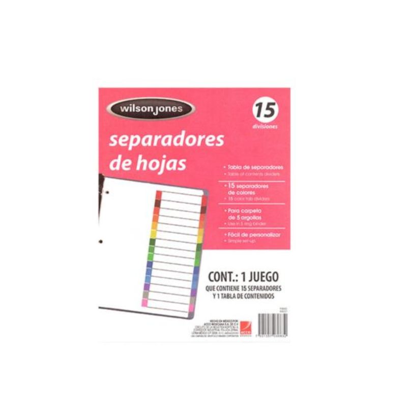 SEPARADORES WILSON JONES JUEGO DE 15 SEPARADORES INDEX T/ CARTA, SIN NUMERACION 7501357036832