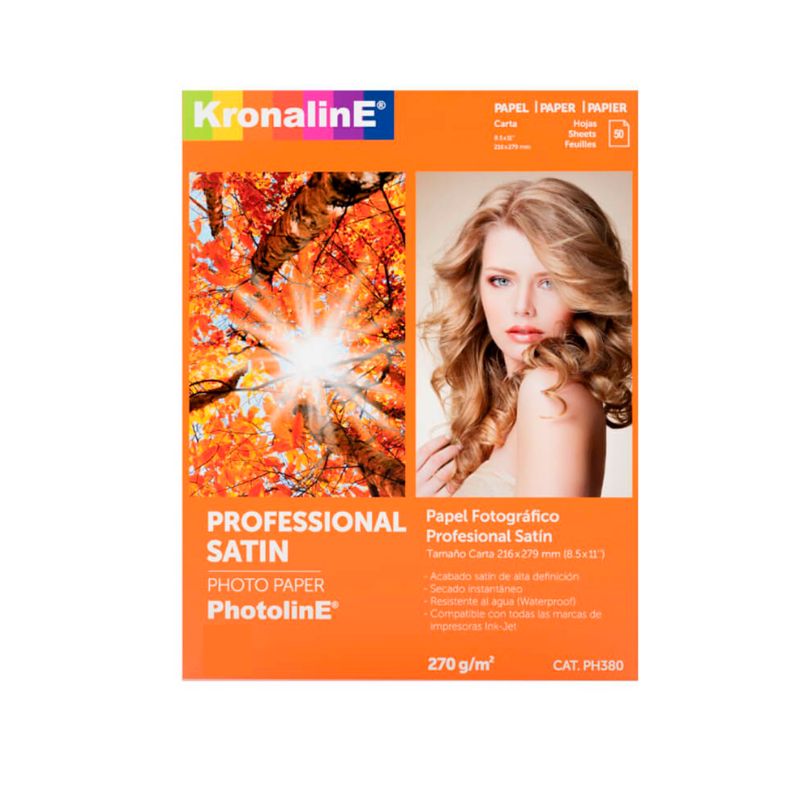 PAPEL KRONALINE PROFESSIONAL SATIN PHOTO PAPER, CALIDAD FOTOGRAFICA PROFESIONAL, SATIN, MEDIDAS 8 1/2 X 11 PULGADAS, PAQUETE C/50 HOJAS     PH380