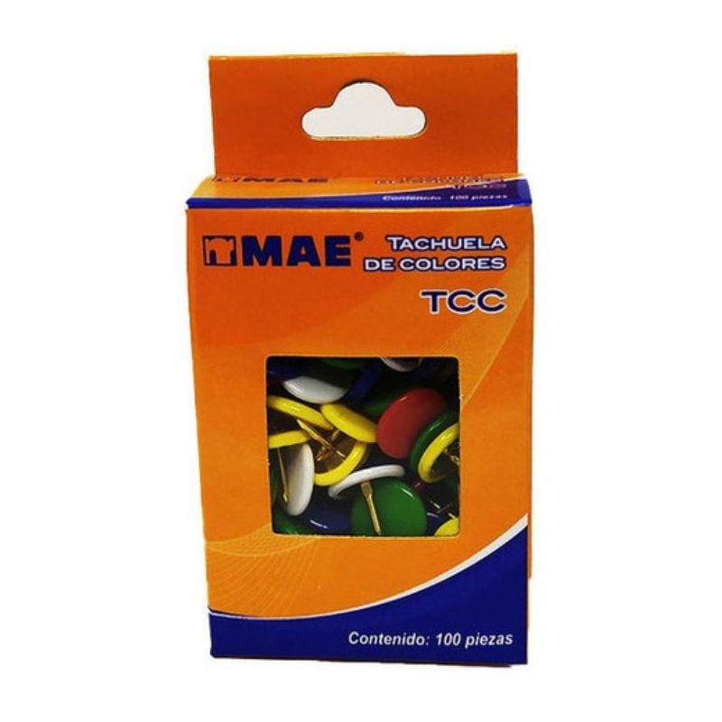 TACHUELAS MAE TCC, DE COLORES CON 100 PIEZAS TCC