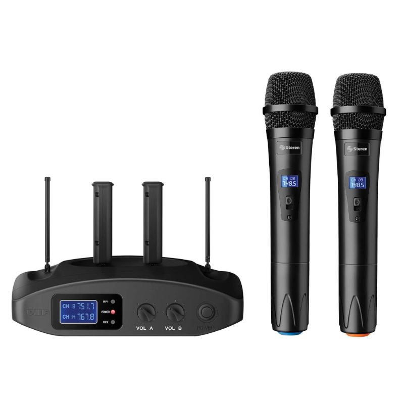 MICROFONOS STEREN WR-810 SISTEMA PROFESIONAL DE 2 MICROFONOS INALAMBRICOS, CON BATERIA RECARGABLE   WR-810UHF
