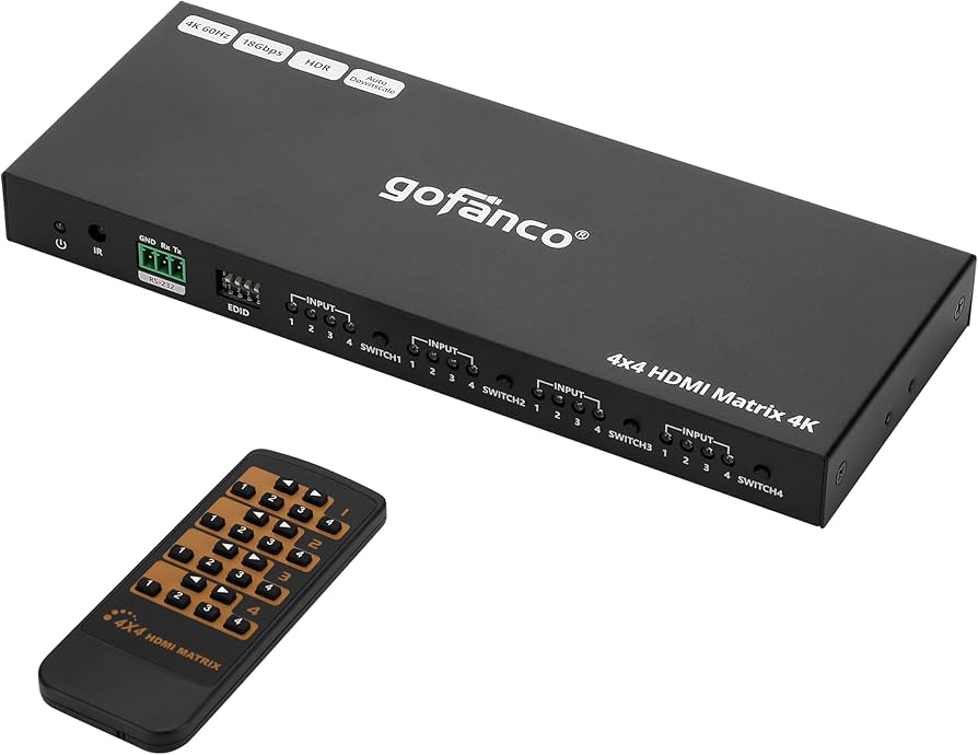 MATRIX SWITCH GOFANCO  MATRIX44HD2-BSC, 4K 4X4 HDMI MATRIX SWITCH - HASTA 4K 60HZ 4:4:4, HDR, HDCP 2.2/1.4, AUTO DOWNSCALING, EDID, 7.1CH AUDIO, ATMOS, LIGHTNING/SURGE/ESD, 4 EN 4 OUT VIDEO 
  MATRIX44HD2-BSC