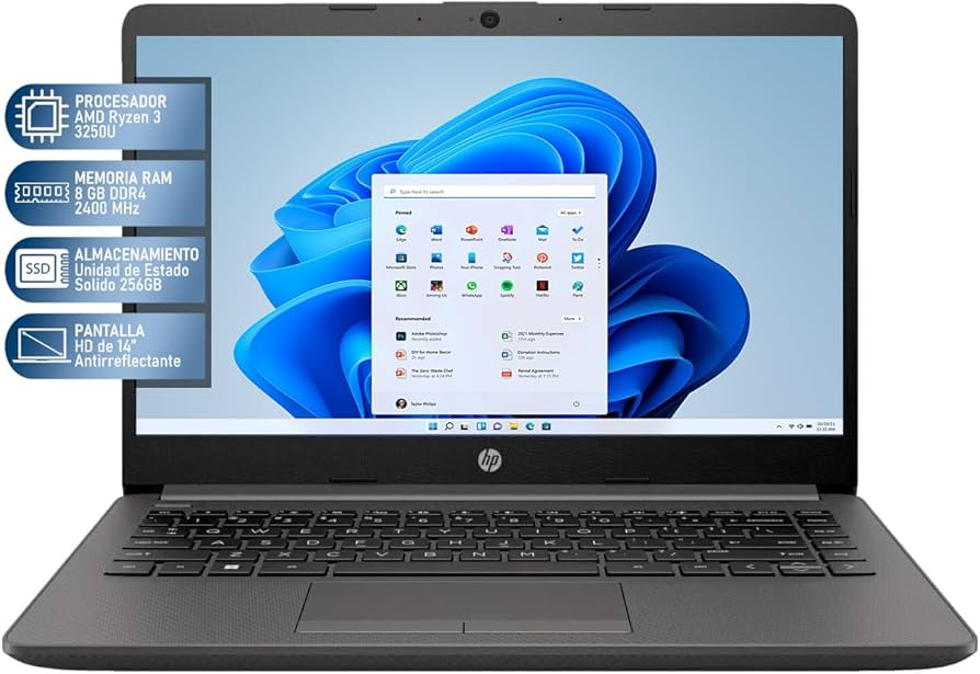 COMPUTADORA PORTATIL HP MOD 245 G9 (14") AMD RYZEN 3-3250U 8GB, 256GB SSD, WINDOWS 11 HOME, NEGRO, R-7F211LT