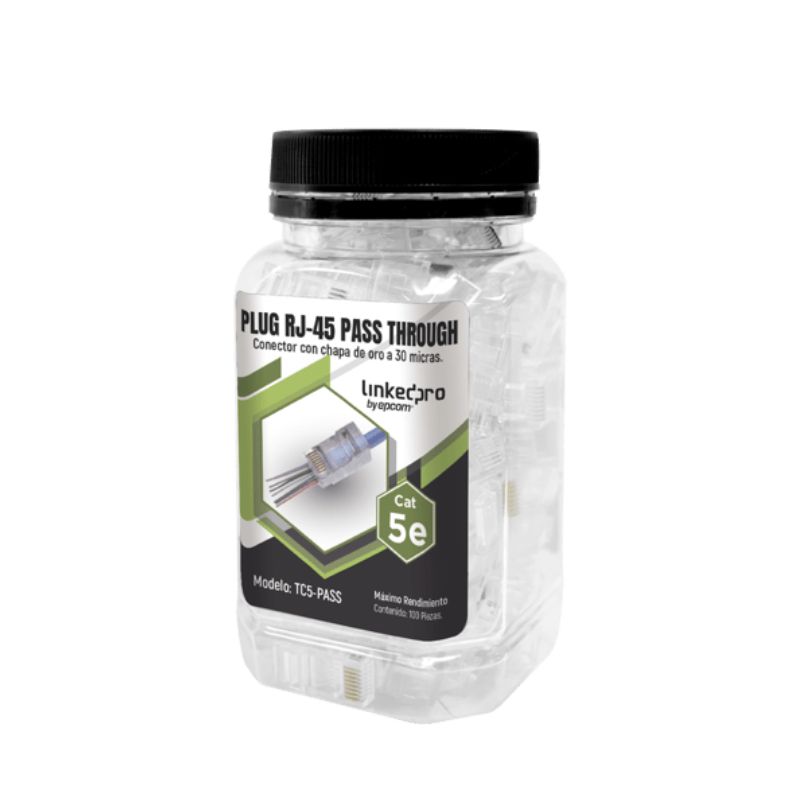 PLUGS  LINKEDPRO BY EPCOM PASS THROUGH RJ45 CAT5E SIN BLINDAJE, CHAPADO DE ORO A 30 MICRAS PARA DURABILIDAD EXTREMA, BOTE C/100 PZAS    TC5-PASS