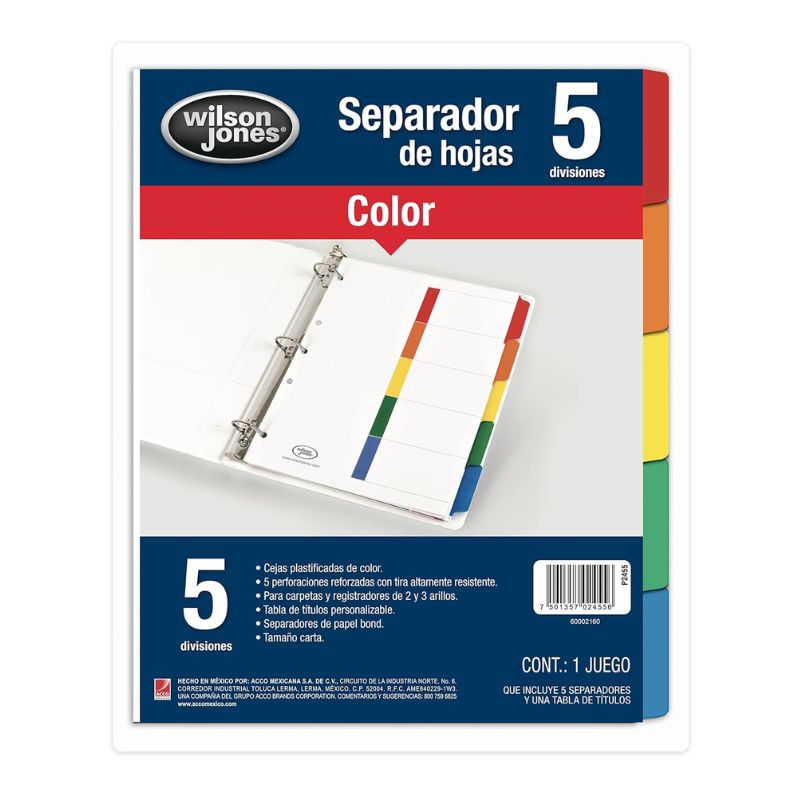 SEPARADORES WILSON JONES MOD P1345 5 DIVISIONES LENGUETAS PLASTIFICADAS A COLOR TABLA DE CONTENIDOS, PERSONALIZABLE P1345