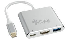 HUB 3 EN 1. MARCA STYLOS MODELO STCBHUB31S. HUB 3 EN 1, PUERTO HDMI, USB 3.0 5 GBPS, USB C; RESOLUCIÓN 4K; PLUG & PLAY; HOUSING TÉRMICO. STCBHUB31S