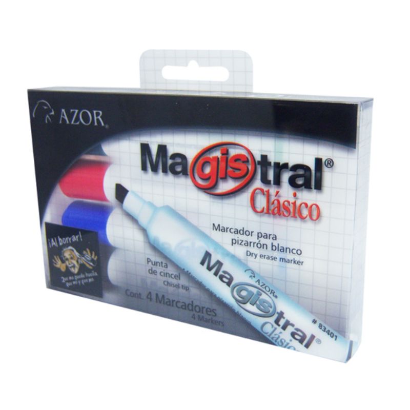 MARCADOR MAGISTRAL CLASICO PLASTICO PIZARRON BLANCO COLORES SURTIDOS C/4 PZAS    8354 