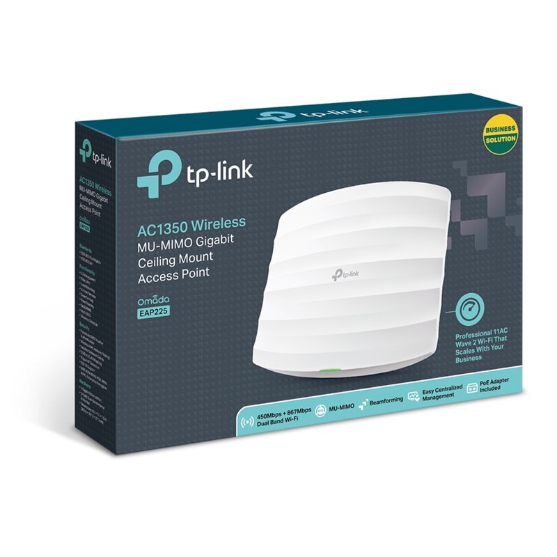 ACCESS POINT TP-LINK MOD EAP225, INALAMBRICO DOBLE BANDA, PARA MONTAJE EN TECHO, 450MBPS EN 2.4GHZ Y 867MPBS EN 5GHZ, 1 PUERTO RJ45, SOFTWARE CONTROLADOR EAP GRATUITO, SOPORTA ALIMENTACIÓN SOBRE ETHERNET (802.3AF) Y POE PASIVO, PORTAL CAUTIVO TECNOLOGIA WI-FI MU-MIMO, 3 ANTENAS EN 2.4GHZ DE 4DBI, 2 ANTENAS EN 5GHZ DE 5 DBI OMNIDIRECCIONALES, EAP225