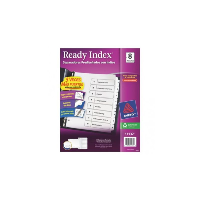 SEPARADORES AVERY 11132, PREDISEÑADO, PESTAÑAS BLANCAS, PESTAÑAS NUMERACION 1-8    11132