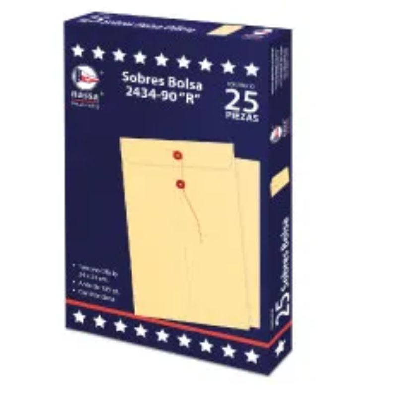 SOBRE NASSA MOD 2434-90R, TIPO BOLSA, CON RONDANA, ANTE, MEDIDAS 24X34CM, CAJA CON 25 PIEZAS     2434-90R