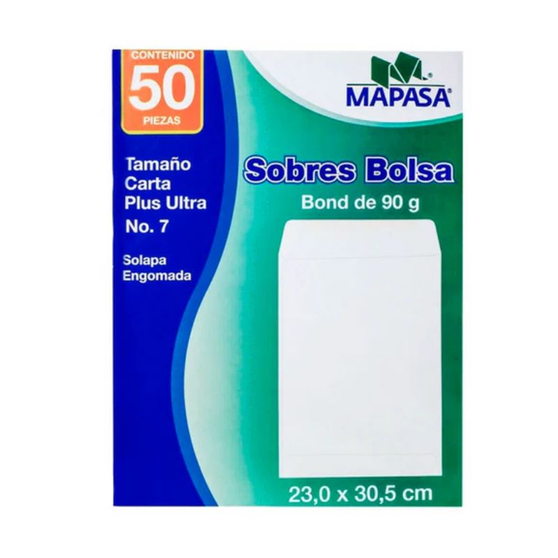 SOBRE BOLSA MAPASA T/CARTA C/SOLAPA ENGOMADA 23X30.5 CM 90 GR C/50PZAS 2750252