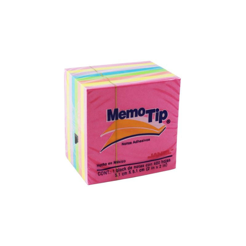 NOTAS ADHESIVAS JANEL MOD 0202297 MEMOTIP DE 5.04X5.04 CM COLOR NEON MINICUBO CON 400 HOJAS 6590202297