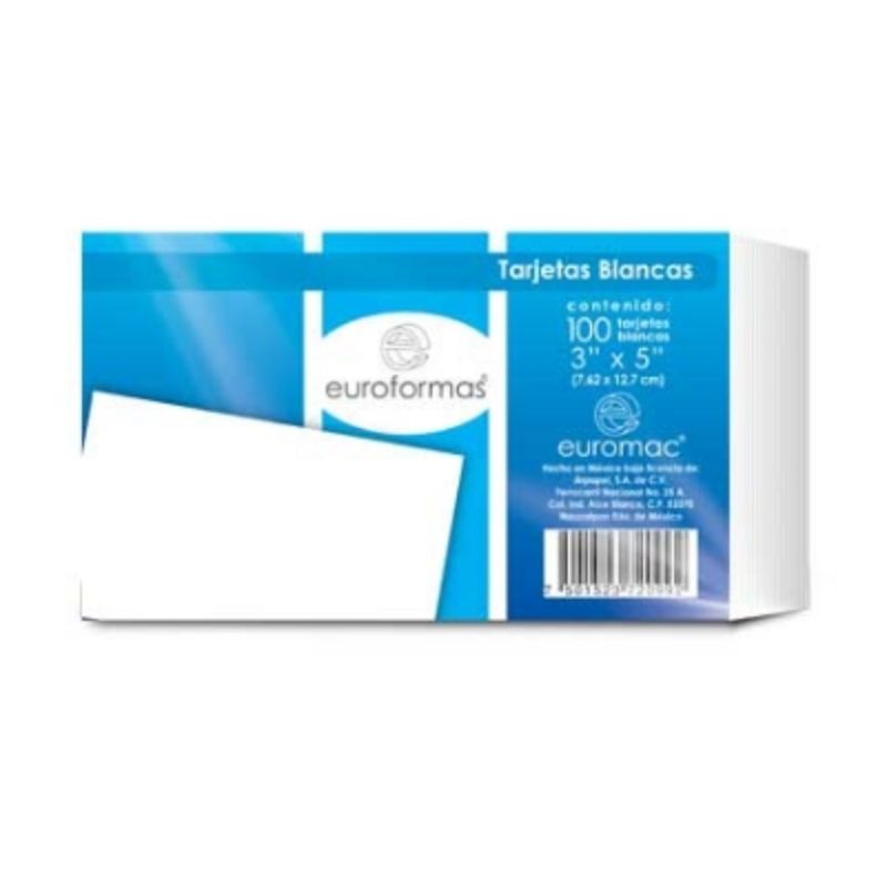 TARJETA EUROFORMAS MOD FICHA BIBLIOGRAFICA, BLANCAS, 3 X 5, PAQUETE DE 100 TARJETAS      751523720992
