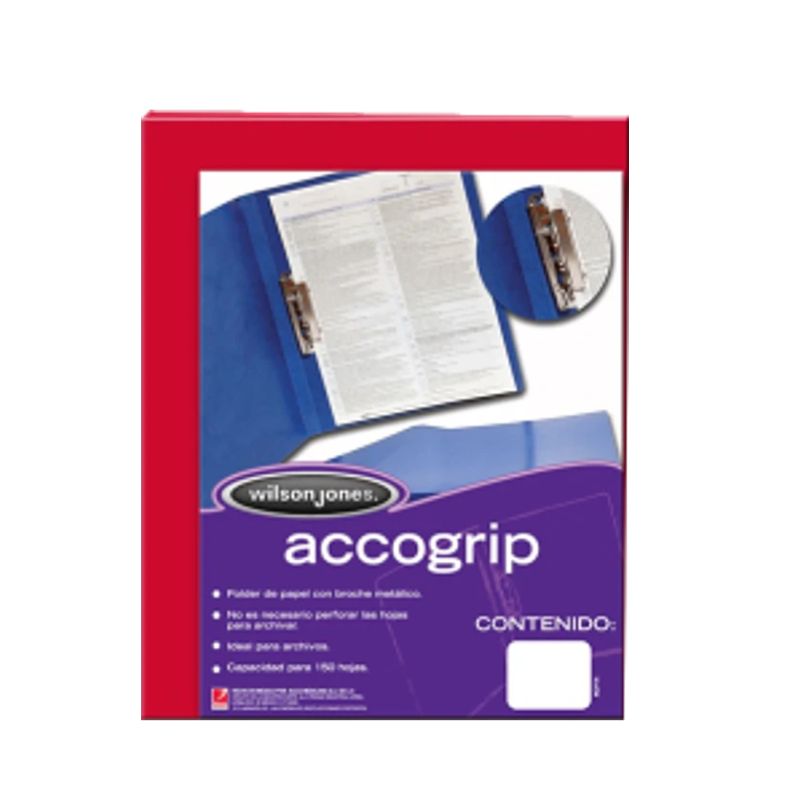 FOLDER WILSON JONES 60000545 ACCOGRIP CON BROCHE BACO, TAMAÑO CARTA, PARA 300 HOJAS, COLOR ROJO 7501357009614