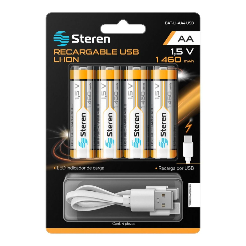 PILAS RECARGABLES STEREN BAT-LI-AA4 USB DE ALTA CAPACIDAD  PAQ C/4 PZAS, BAT-LI-AA4 USB