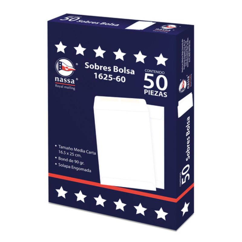 SOBRE NASSA MOD 1625-60 TIPO BOLSA T/MEDIA CARTA C/50 PZAS BC0733