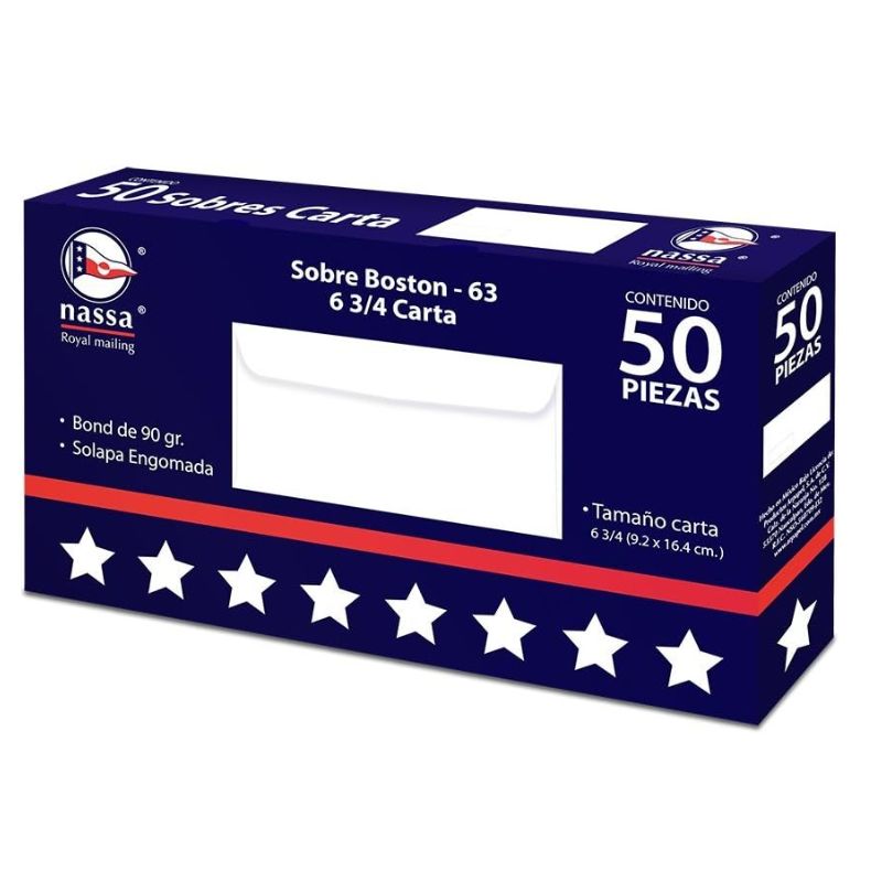SOBRE NASSA MOD HA0206 BOSTON 63, 6 3/4 CARTA, MEDIDAS 9.2X16.4 CON 50 SOBRES BC0752