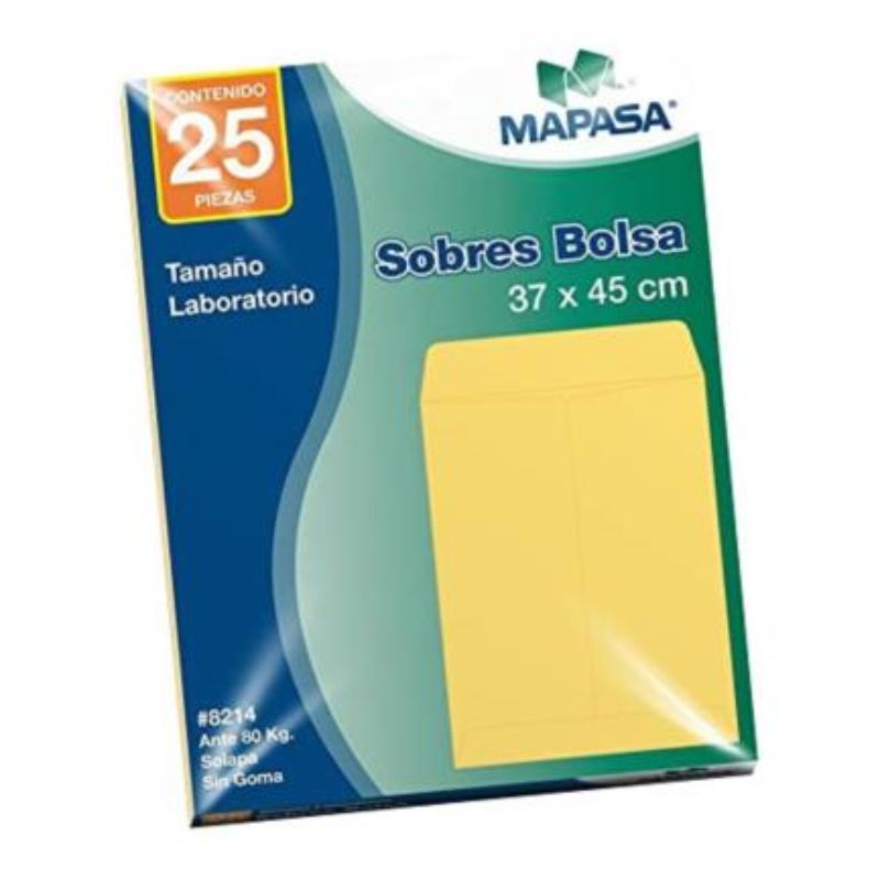 SOBRE MAPASA TAMAÑO LABORATORIO MEDIDA DE 37.0X45.0CM PAQUETE CON 25 PIEZAS SIN ENGOMADO