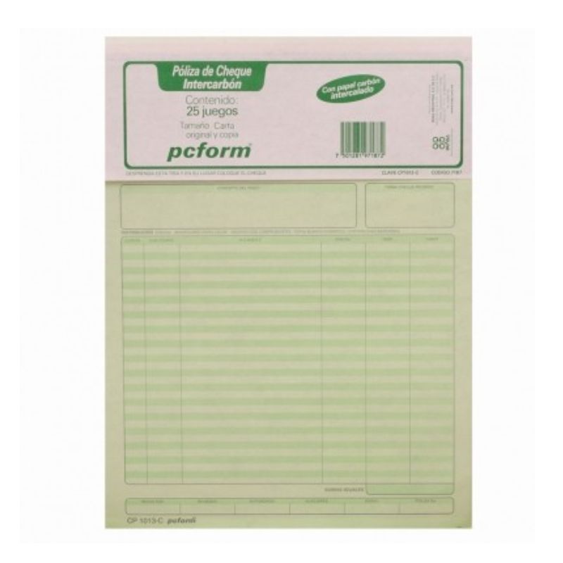 POLIZA DE CHEQUE PCFORM CP1013C TAMAÑO CARTA BLOQUE DE 25 JUEGOS COLOR VERDE CP-1013-C