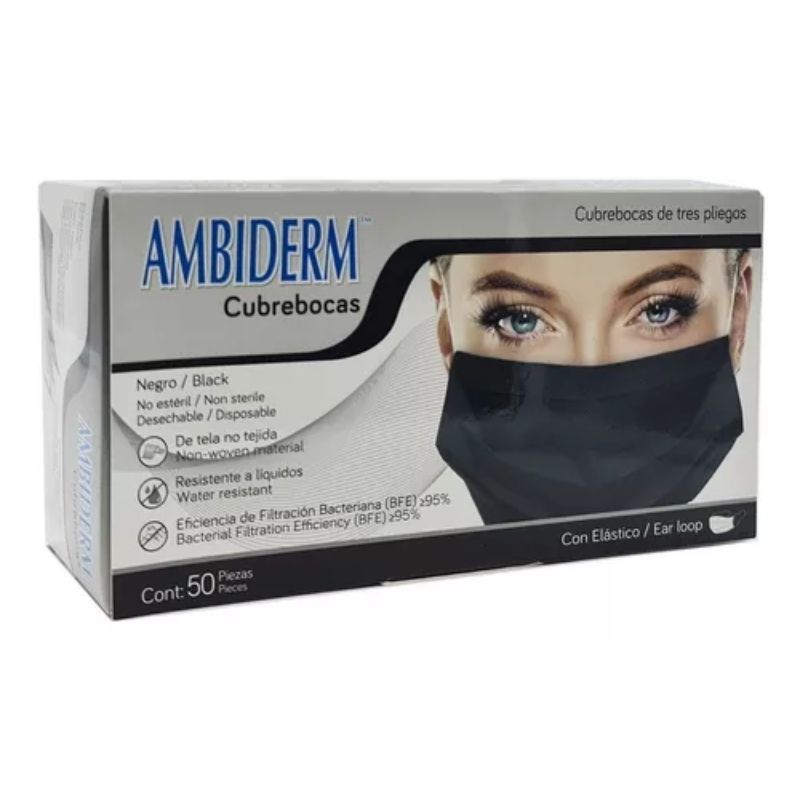CUBREBOCAS AMBIDERM CUBABMIDER NEGRO PLISADO TRICAPA TERMOSELLADO 50PZ.CUBABMIDER