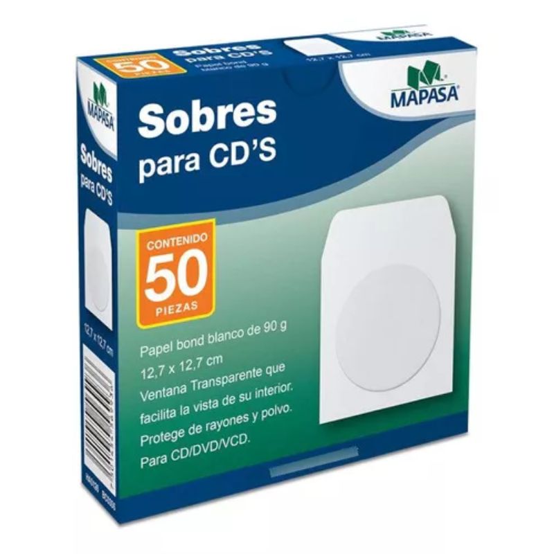 SOBRE MAPASA MOD 7501454569936 PARA CD/DVD, VENTANA, MEDIDAS 12.7X12.7, CON 50 PIEZAS, COLOR BLANCO    HA0126