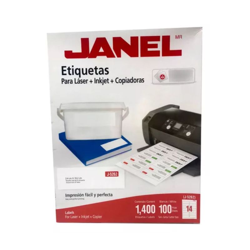 ETIQUETAS ADHESIVAS JANEL J-5262, COLOR BLANCA PARA LASER CON 100 HOJAS   J-5262