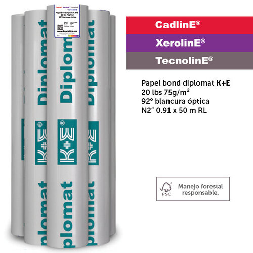 ROLLO DE PAPEL KRONALINE MOD KE500 DIPLOMAT PARA INK-JET Y DIBUJO N2" 75 G 92Â° BLANCURA 0.91X50 M KE500
