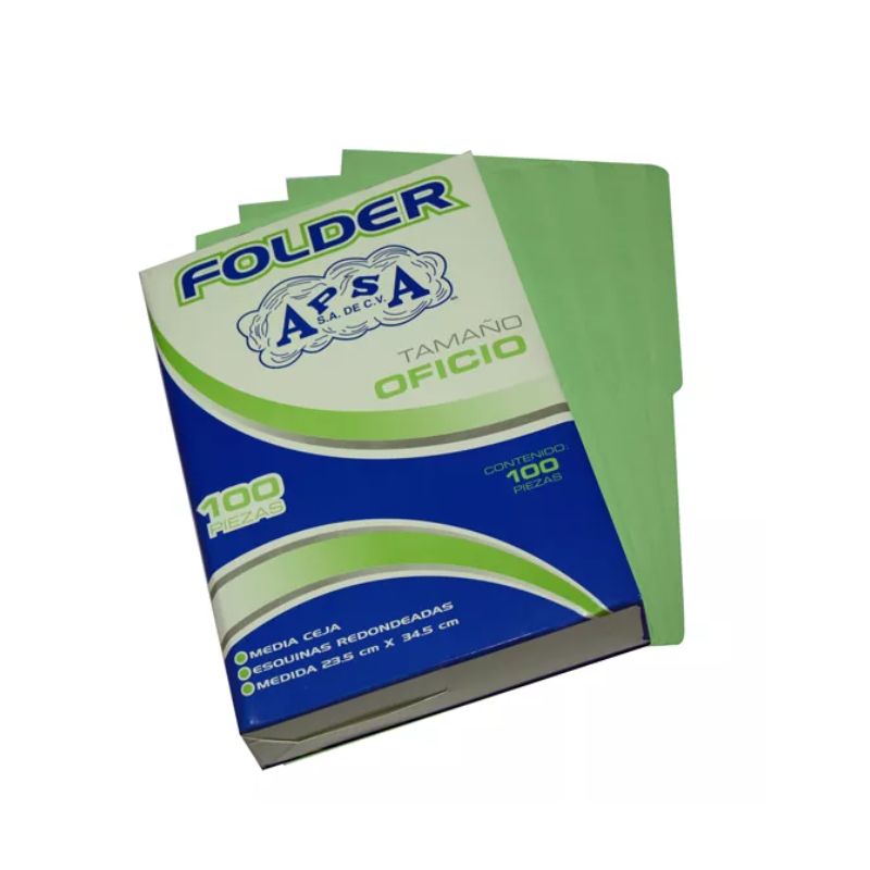 FOLDER APSA L22FO  COLOR VERDE TAMAÑO OFICIO , PAQUETE CON 100 PIEZAS   L22FO