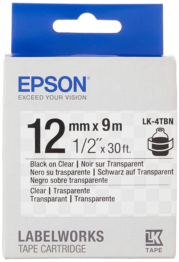 CINTA EPSON MOD LK-4TBN LABELWORKS, MEDIDAS 19MM X 9M, COLOR NEGRO/BLANCO LK-4TBN