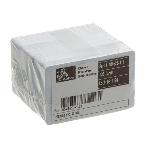 [104523-111] TARJETAS PVC ZEBRA MOD PREMIER PAQUETE CON 500 TAMAÑO 30 MILESIMAS ALTO 6 CM ANCHO 10 CM PROFUNDIDAD 44 CM PESO 2.520 GR BLANCO   104523-111