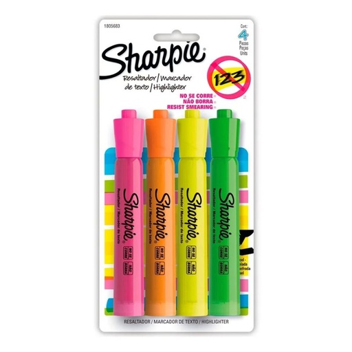 [2132980] RESALTADORES SHARPIE 2132980 SNOTE PAQUETE CON 4 COLORES SURTIDOS SHARPIE SNOTE CD4 ASSTD.RESALTADOR/MARCADOR DE TEXTO CREATIVO.NO TRASPASA EL PAPEL.PUNTA BISELADA:OFRECE TRAZO GRUESO Y FINO.RESALTA Y SUBRAYA.PARA DIBUJAR,TOMAR NOTAS    2132980