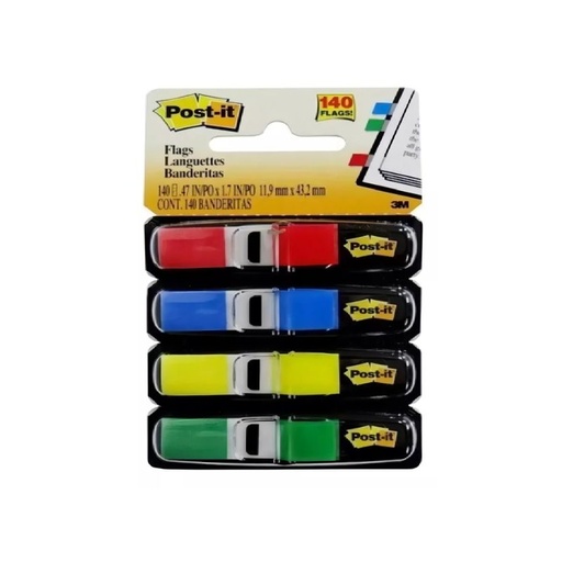 [683-4] MINIBANDERITAS ADHESIVAS POST IT 70071351335 CON DESPACHADOR, 4 COLORES PRIMARIOS, 35 C/U (140)   70071351335