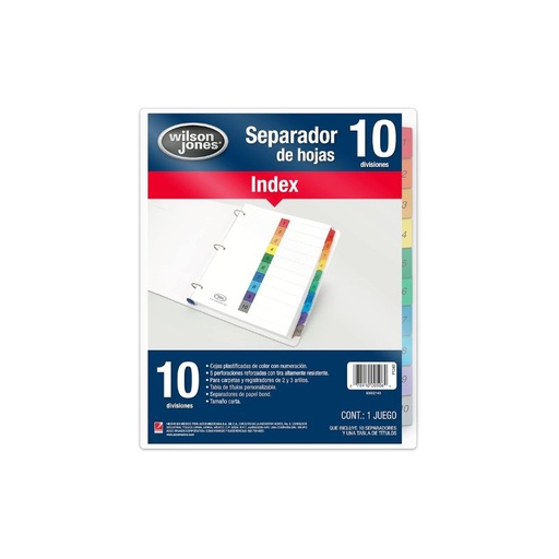 [P1347] SEPARADORES WILSON JONES P1347 10 DIVISIONES LENGUETAS PLASTIFICADAS A COLOR TABLA DE CONTENIDOS PERSONALIZABLE P1347