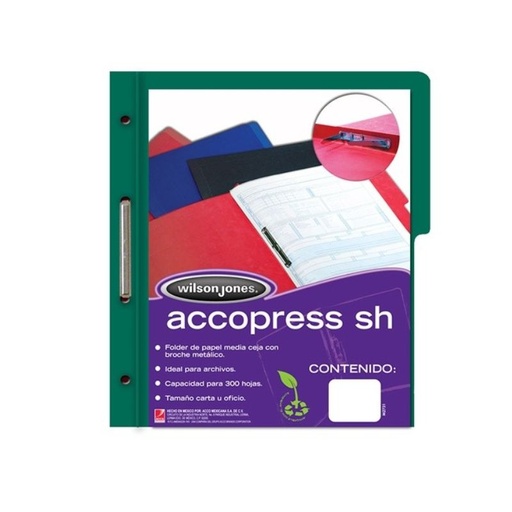[P4778] FOLDER WILSON JONES ACCOPRESS, BROCHE 8CM, C/10 FOLDERS, COLOR VERDE OBSCURO    P4778